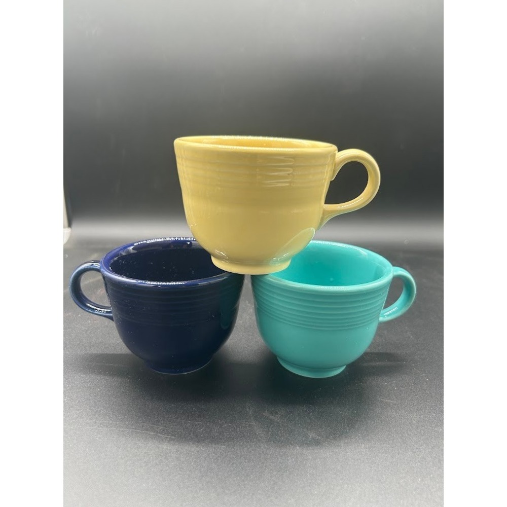 Homer Laughlin Fiesta Tea Cups Set of 3 Sunflower Cobalt Turquoise Ceramic USA
